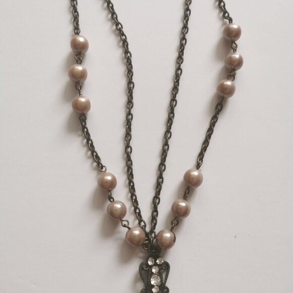 Coral Rose Faux Pink Pearl Danglers Pendant Necklace Beads Cottagecore Retro - Picture 4 of 8